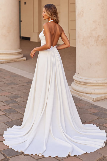 Halter A Line White Wedding Dress with Hollow Out